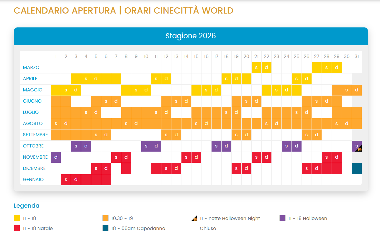 calendario aperture cinecitta world 2026